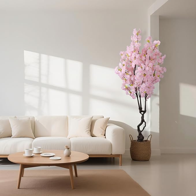 Artificial Pink Cherry Blossom Tree 7ft(84in) Faux Japanese Sakura Indoor Decoration Natural Fake Cherry Floral Tree for Home Realistic Silk Pink Flowers in Pot for Living Room,Office,Outdoor Decor