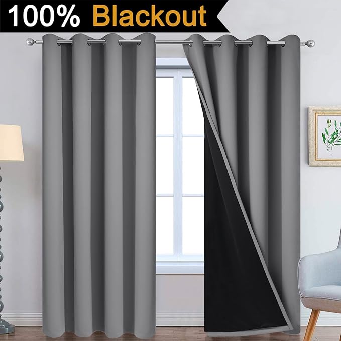 Yakamok 100% Blackout Curtains 84 Inches Long, 2 Thick Layers Heat and Full Light Blocking Soft Thermal Insulated Drapes for Bedroom(52" Wide Each Panel, Grey, 2 Panels)