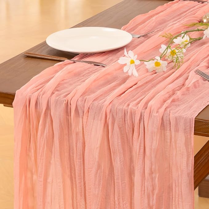 Socomi 6pcs Coral Peach Fall Thanksgiving Cheesecloth Table Runner Boho Rustic Gauze 120 inch 10FT Cheese Cloth Runner for Wedding Party Baby Shower Birthday Home Decor Holiday Decorations