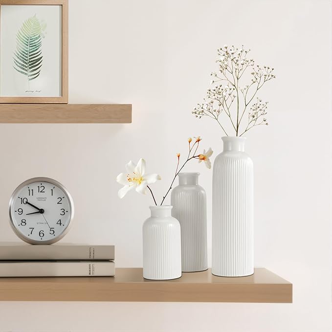 Small White Ceramic Vase Set of 3, Boho Modern White Flower Vase Room Decor, Farmhouse Decor, Vases for Your Kitchen, Bathroom, Bedroom, Living Room, Office&Shelf Centerpiece Table Decorations