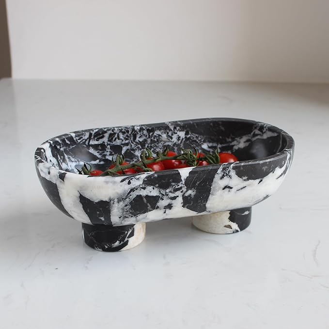 Natural Oval Calacatta Black Marble Fruit Bowl for Kitchen Counter 10", Large Decorative Bowl Two-Legs for Home Decor, Fruits Holder For Dining Table - Kitchen Organization