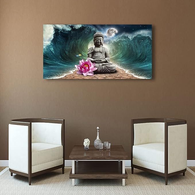 Canvas Wall Art Buddha Pictures Home Decor Grey Zen in The Background of Moon and Waves Poster Prints Painting for Living Room Bedroom Bathroom Kitchen Office Decoration Hindu Artwork 24x48 Inches