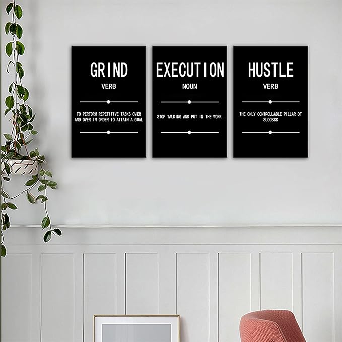 Motivational Wall Art Grind Hustle Execution Noun Poster Painting 3 Pieces Canvas Print Office Decor Inspiring Framed Inspirational Quotes for Wall Art Decoration Ready to Hang [48''Wx 24''H]