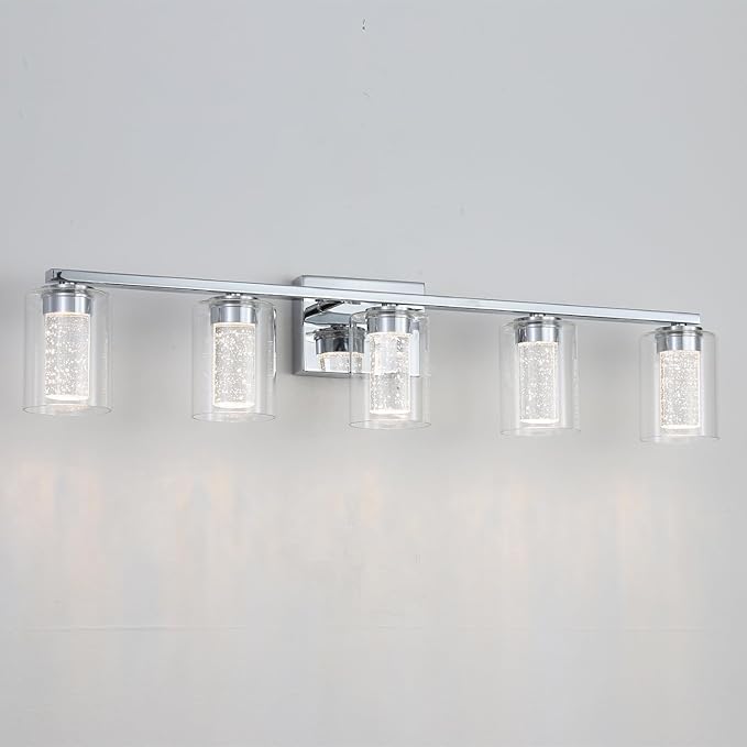 5 Light Chrome Bathroom Light Fixture, Dimmable 5CCT Chrome Bathroom Vanity Lights, 2700K-6500K Modern Crystal Bubble LED Wall Sconce Over Mirror with Clear Glass for Bedroom, Living Room