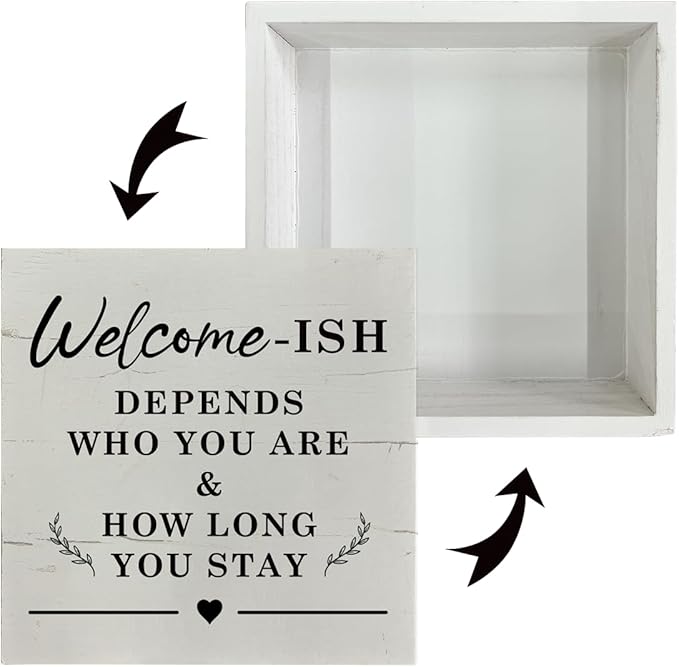Funny Welcome Decor, Welcome-ish Depends Who You Are Sign, Box Sign Tabletop Decor, Farmhouse Welcome Wood Sign, Welcome Decor for Shelf, Front Door Decor, Porch Decor, Housewarming Decor