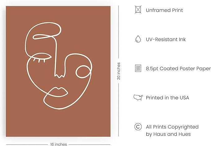 HAUS AND HUES Woman Drawing Line Art Wall Decor - Female Figure Wall Art, Silhouette Drawings Artwork Line Drawing Wall Art Minimalist Clay Abstract Face (16x20 Unframed)