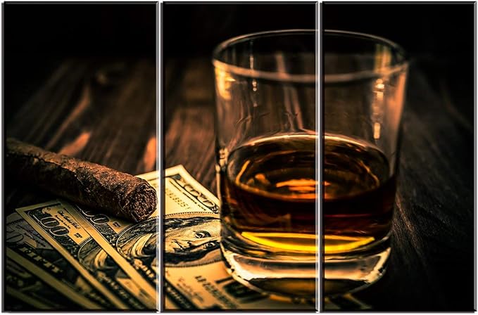 Cigar and Wine Wall Art for Bar, PIY Whiskey Picture Canvas Painting Prints Artwork (Waterproof Home Decor, Bracket Mounted Ready to Hang, 24x36 Large)