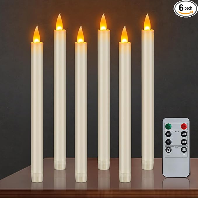 Flameless Taper Candles 10" Dripless Battery Operated with Remote Timer 6 Pack, 400+ Hours by 2 AA Batteries for Home Decor, Candlelight Dinner, Weddings
