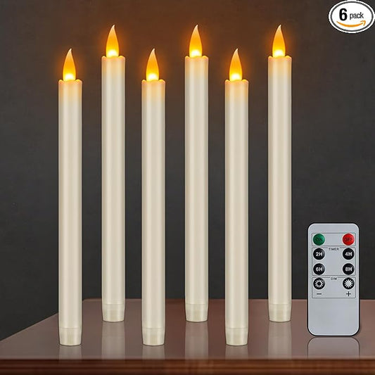 Flameless Taper Candles 10" Dripless Battery Operated with Remote Timer 6 Pack, 400+ Hours by 2 AA Batteries for Home Decor, Candlelight Dinner, Weddings