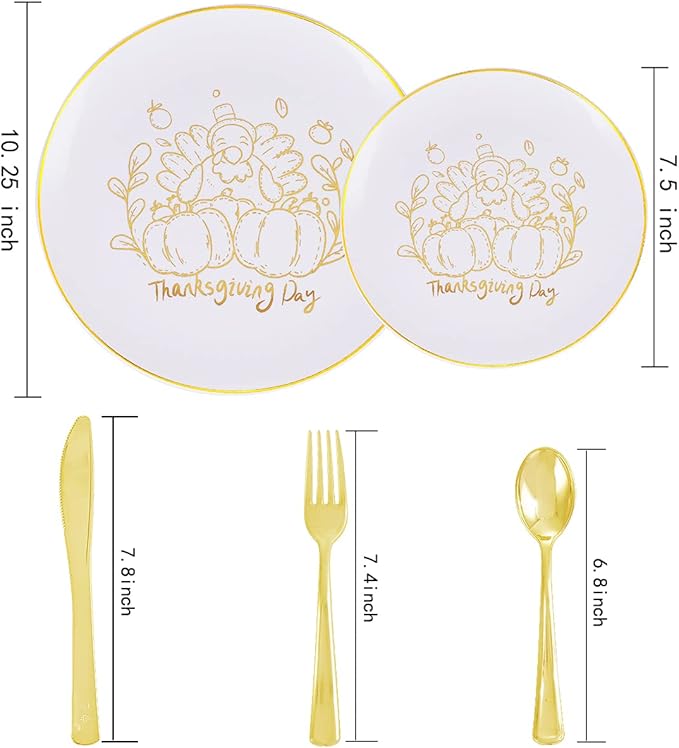 YOUBET 125PCS Thanksgiving Plastic Plates - Fall Plastic Plates with Gold Rim & Gold Silverware include 25Dinner Plate, 25Salad Plate, 25Knives, 25Forks, 25Spoons for Thanksgiving Party