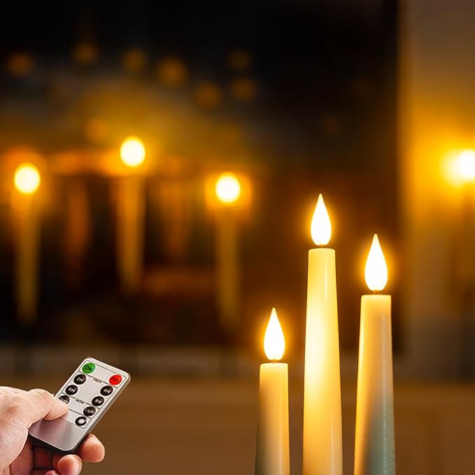 Homemory Wax Window Candles with Remote Timer Dimmer, Battery Operated Candlesticks with Holders, Christmas LED Candlesticks for Window Home Part Decor, 6 Pcs White