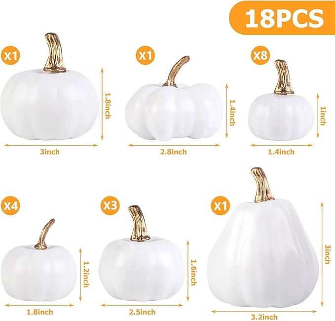 DomeStar 18PCS White Pumpkins for Decoration, Artificial Small White Foam Pumpkins Assorted Sizes for Wedding Thanksgiving Farmhouse Table Decor