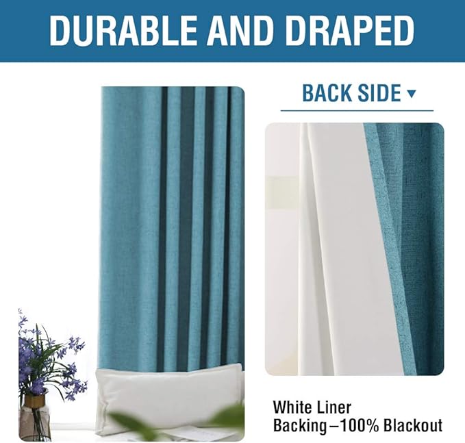 H.VERSAILTEX 100% Blackout Curtains for Bedroom 96 Inches Long Grommet Linen Face Full Light Blocking Curtain Drapes for Living Room Thermal Insulated Linen Look Curtains 2 Panels Set, Teal Blue