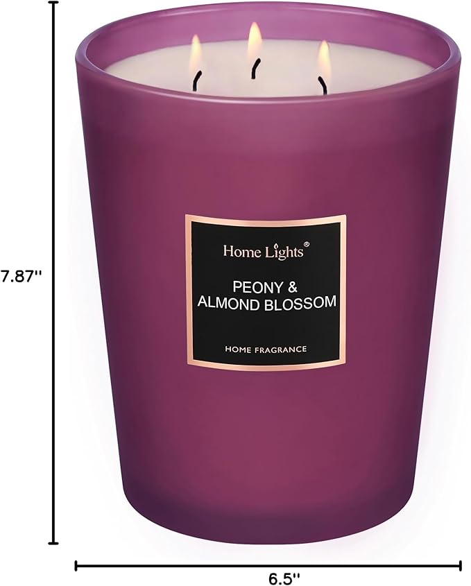 HomeLights Premium Scented Candles - 33.3 oz Natural Soy Wax, Aromatherapy for Home, Long Lasting Smokeless, 130 hrs Burn Time, 3 Cotton Wicks, Gifts for Women & Men - Peony & Almond Blossom