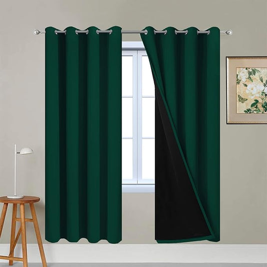 Yakamok 72 Inch Lengt 100% Blackout Thermal Insulated Curtains, Noise Reduction Black Lined Blackout Drapes with Grommet Top Curtains for Bedroom(52Wx72L,Dark Green, 2 Panels)