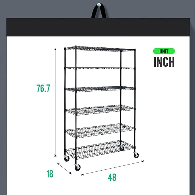 PayLessHere | 6-Tier Wire Shelf with Wheels | 48"x18"x76" | Black | Adjustable Racks | Heavy-Duty Storage Shelves, Holds Upto 600 lbs | Rust-Resistant, No-Tool Assembly | for Home, Garage Shelving
