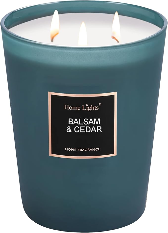 HomeLights Highly Scented Soy Candles Big 33.3 oz for Home. 3 Cotton Wicks, Smokeless Long Lasting 130 hrs in Balsam & Cedar. 5x6, Great Gift for Women & Men