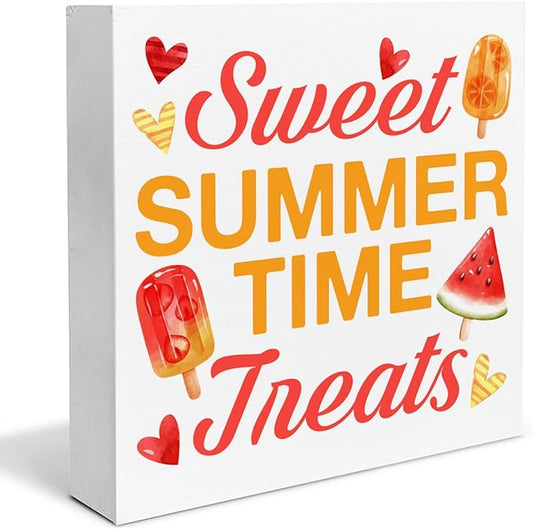 Ice Cream Decor Summer Wood Block Sign Summer Popsicles Decorations for Home Kitchen 5 x 5 Inches