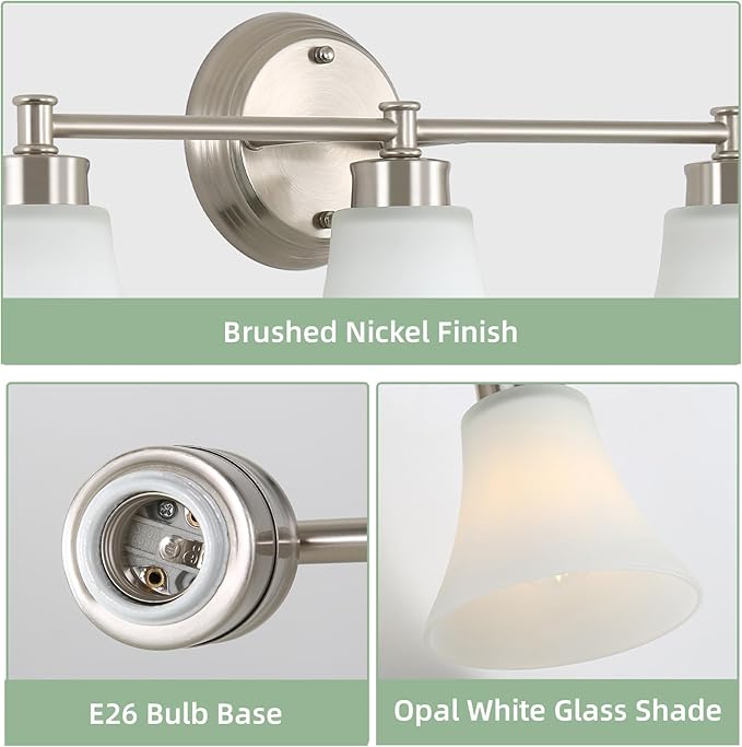 LOUSACE 3 Light Bathroom Vanity Light Vintage Brushed Nickel Bathroom Lighting Fixtures Over Mirror, Traditional Wall Sconce Lighting with Opal Glass Shade, Nickel Vanity Lighting Fixture