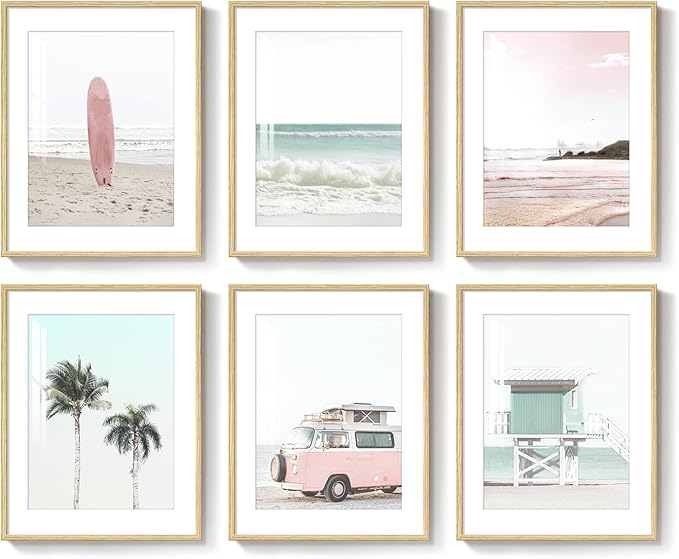 Framed Pink and Mint Green Coastal Wall Art for Living Room, 6 Piece Palm Tree Surfboard Beach Pictures Prints for Bedroom, Tropical Nautical Ocean Beachy Artwork for Hallway Walls Decor, 11x14 Inch