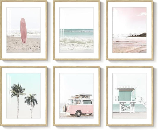 Framed Pink and Mint Green Coastal Wall Art for Living Room, 6 Piece Palm Tree Surfboard Beach Pictures Prints for Bedroom, Tropical Nautical Ocean Beachy Artwork for Hallway Walls Decor, 11x14 Inch