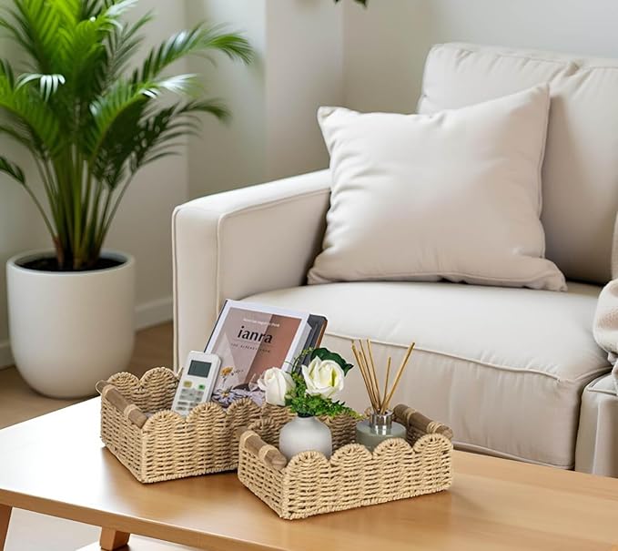 CubesLand Scalloped Edge Decor Baskets for Home, Living Room, Toilet Paper Storage Basket for Over Toilet Shelf, End Table,Shelves and More, Small Paper Rope Baskets Both Storage&Decor, Set 2 Beige