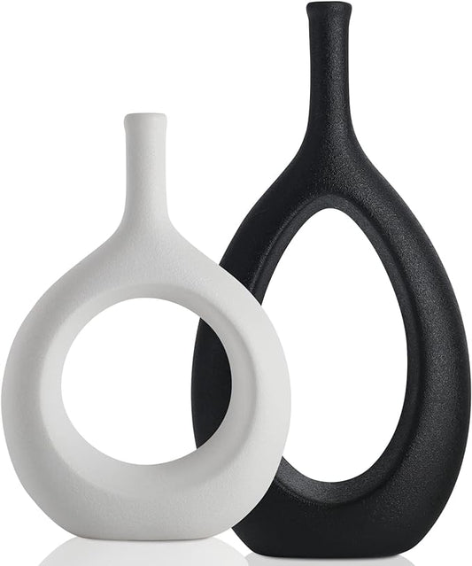 Black and White Ceramic Hollow Elliptical Vase Set of 2 - Boho Circle Vase with Hole, for Modern Black and White Table Decor, Living Room Decor Shelf mid Century Modern Home Entrance Decorative vase