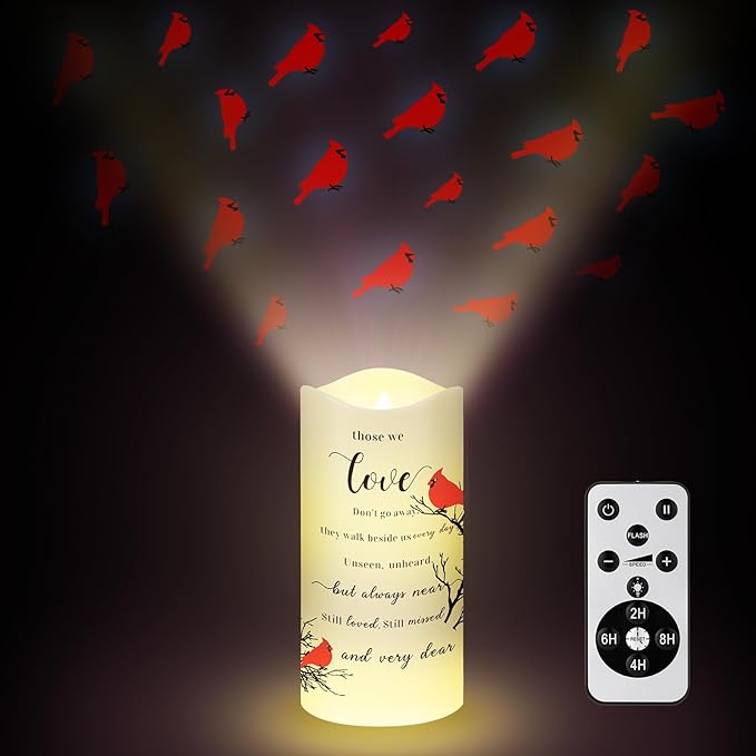 Memorial Gifts Memorial Flameless Candles Projector LED Flameless Cardinal Candles with Remote Sympathy Gifts for Loss of Loved One Bereavement Gifts Battery Candles for Prayers Mother Father