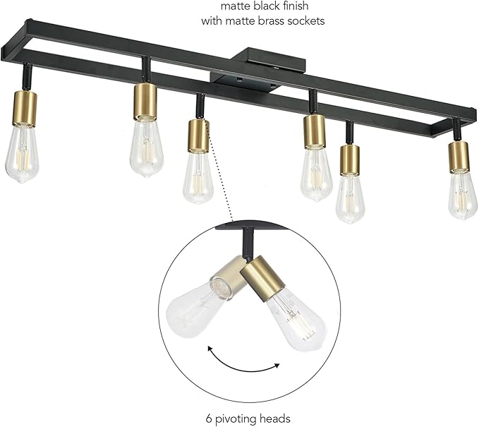GLOBE Electric 64000096 36" 6-Light Track Lighting, Matte Black, Brass Sockets, Adjustable Pivoting Heads, Ceiling Light Fixture for Kitchen Island, Hallway, or Dining Room, Modern Farmhouse Lights