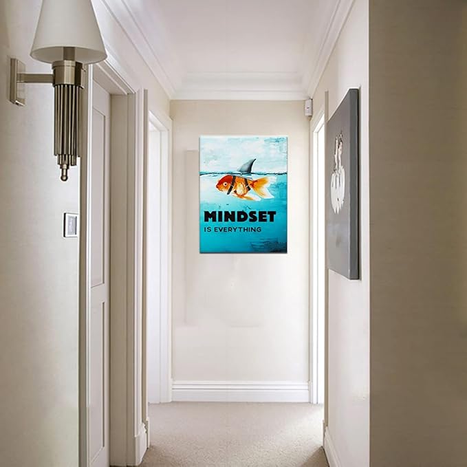 Inspirational Canvas Wall Art Mindset is Everything Goldfish Shark Print Artwork Motivational Poster Office Wall Decoration Wooden Frame Holiday Gift Ready to Hang[30″W X 40′'H]