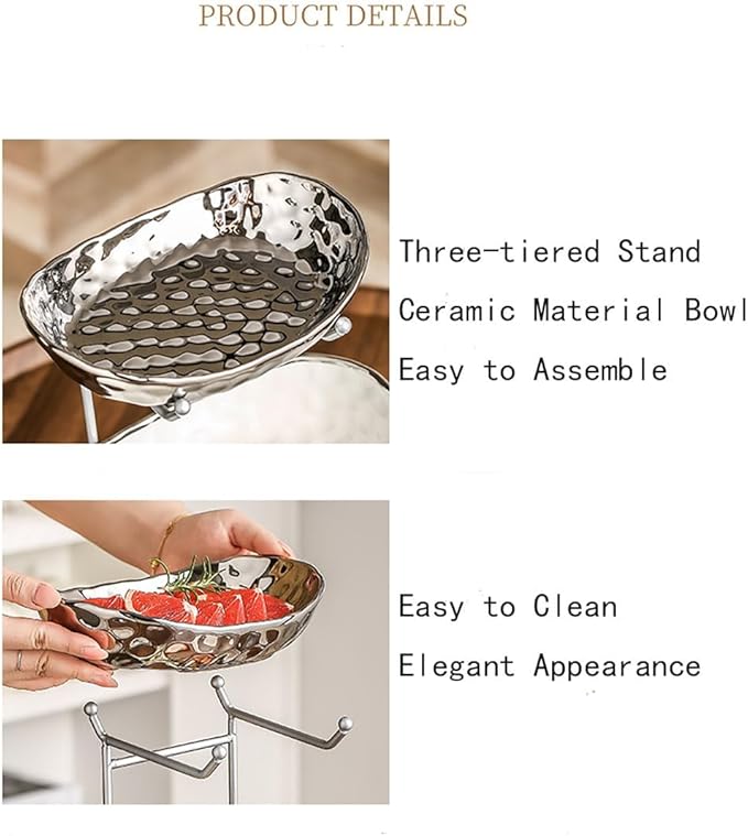 3-Tier Fruit Bowls for Kitchen Counter,Ceramic Bowl with Silver Metal Stand,3 Tier Fruit Basket for Fruit,Snack,Cake,Nuts,Dessert Storage