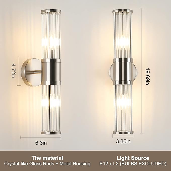 Brushed Nickel Bathroom Light Fixture, Industrial Up & Down Wall Vanity Sconce Indoor Farmhouse Glass Rods Bath Vanity Light Mirror Lighting Lamps Wall Mounted E12 Socket(Without Bulbs)