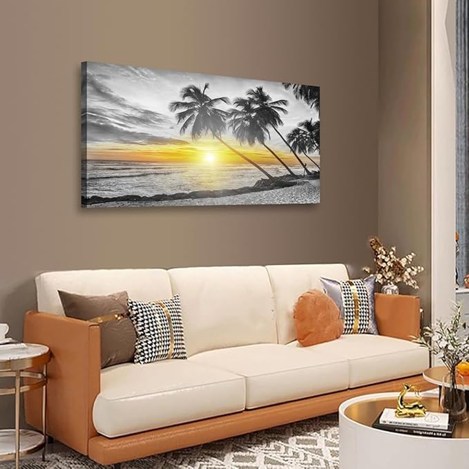 Beach Wall Art Bedroom Wall Decor Living Room,Ocean Canvas Wall Art Office Farmhouse Paintings Artwork Modern Golden Sunshine Black and White Sea Wall Art Prints Pictures 20 * 40inch