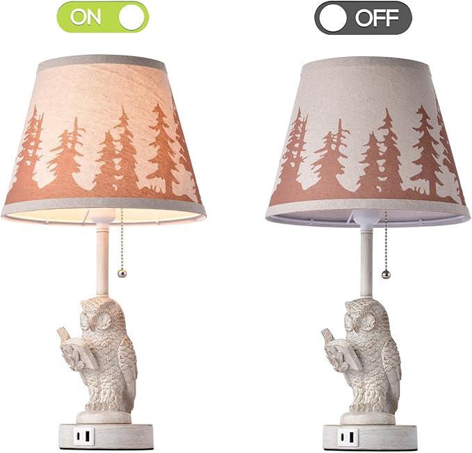 18.9" Farmhouse Lamps Set of 2,Owl White Rustic Table Lamps for Living Room with USB A+C Port,Vintage Resin Small Table Lamps,Pull Chain Table Lamp for Bedroom,Bedside,Nightstand,End Table