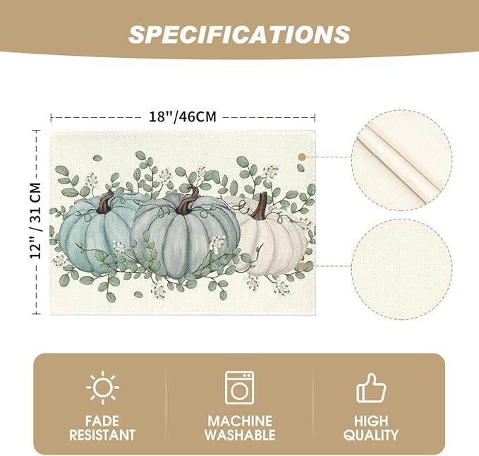 Artoid Mode Pumpkins Eucalyptus Leaves Fall Placemats Set of 6, 12x18 Inch Autumn Thanksgiving Holiday Table Mats for Party Kitchen Dining Decoration