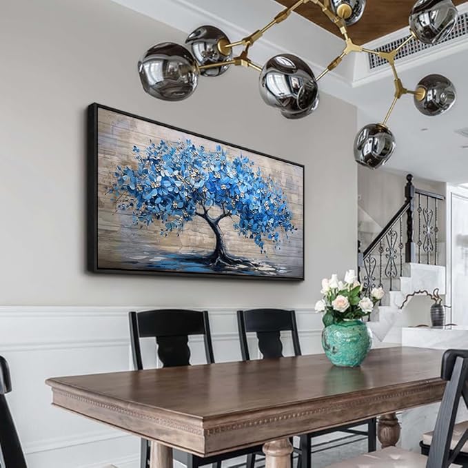 ERQINHUA Large Canvas Wall Art For Living Room Farmhouse Wall Decor For Bedroom Abstract Paintings Blue Tree Wall Pictures Artwork Office Decoration Dormitory Home Decor Black Framed 24x48 Inches