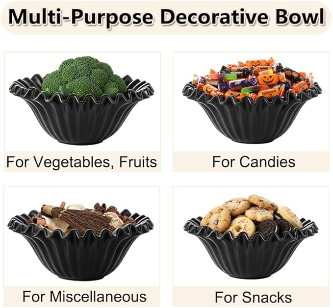 Large Decorative Bowl, Porcelain Fruit Bowl for Kitchen Counter HandCrafted Ruffle Flower Bowl for Home Decor Stylish Fluted Dish for Party, Black (10 inch) Halloween