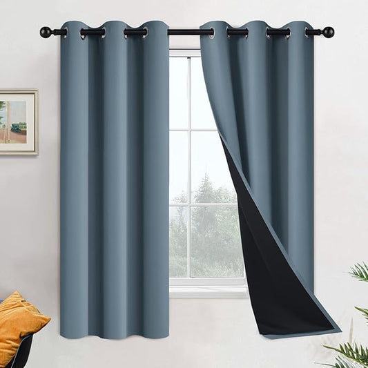 Yakamok 100% Blackout Lined Panels, Thermal Insulated Blackout Curtains for Bedroom, Heat Blocking Drapes for Living Room(42Wx63L, Stone Blue, 2 Panels)