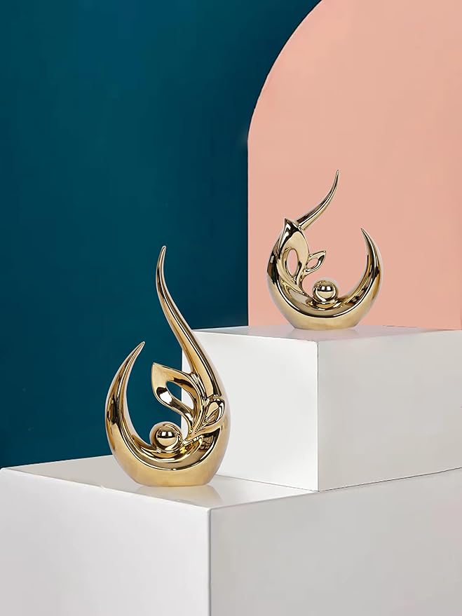2 PCS Gold Decor Accents Mid Century Modern Decor Golden Living Room Decor Ceramic Sculpture Centerpiece Table Decorations Centerpieces for Tables Kitchen Shelf Bookshelf Office Dining Table Decor