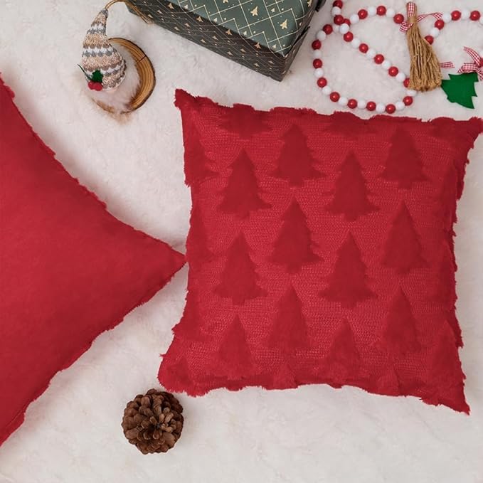 GEEORY Christmas Tree Throw Pillow Covers 18x18 Inch Set of 2, Xmas Winter Soft Plush Faux Fur Wool Decorative Farmhouse Holiday Cushion Case for Home Decoration (Red) GC005-18