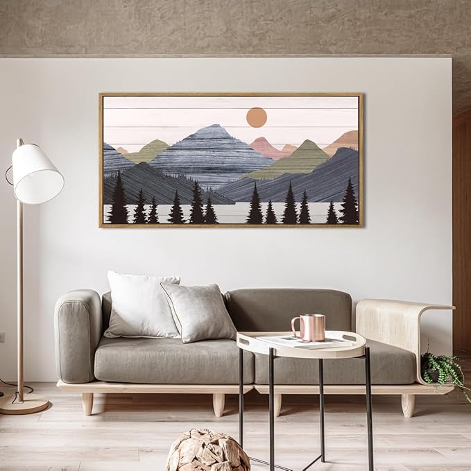 Framed Mountain Wall Art Pine Tree Forest Wall Decor Modern Mountain Range Painting 20x40 Inch for Living Room Bedroom Dining Room