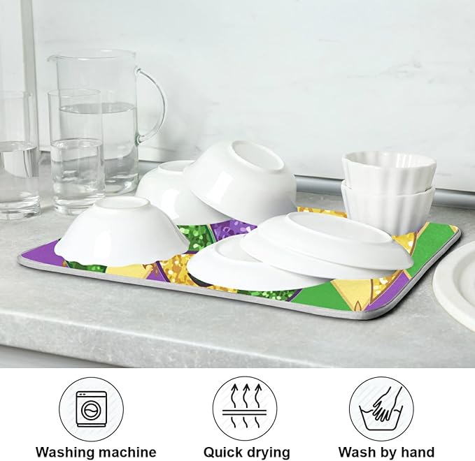 Mardi Gras Fleur De Lis Dish Drying Mat 18 X 24 Inch Rhombus Carnival Mask Absorbent Microfiber Dry Dishes Pads Tableware Mats Protector for Kitchen Countertops Counter Home Decorations