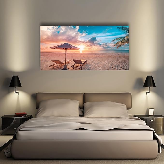 Beach Pictures Canvas Wall Art for Living room Bedroom Wall Decor,Sunset and Beautiful Clouds Wall Art Print Paitnings for home Decor,Morden Artwork Sunumbrellas and loungers Canvas Art