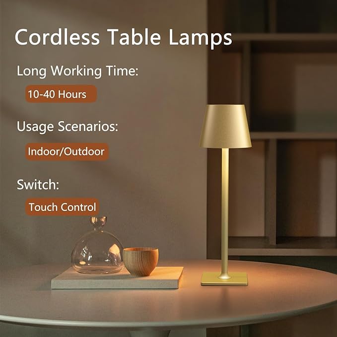 2 Pack Rechargeable Table Lamps, Gold Cordless Lamps - Battery Operated Touch Lamp, Outdoor Table Lights, Waterproof, Wireless, Portable Desk Lamp for Restaurant, Bedroom, Patio(Gold)