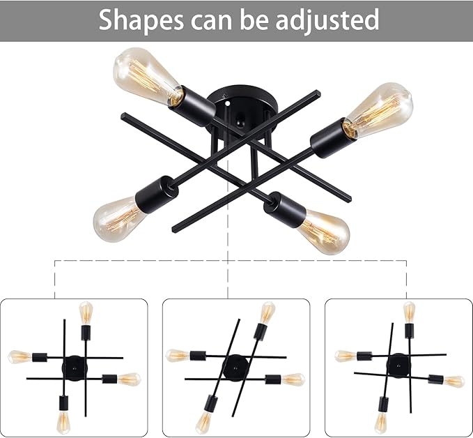 Sputnik Chandeliers, Modern Semi Flush Mount Ceiling Light with E26 Base, Mid Century Industrial Kitchen Farmhouse Light Fixtures for Bedroom Living Room (Black, Ceiling 4 Lights)