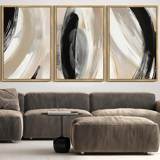 KUVIOKE Black Neutral Abstract Framed Wall Art Modern Minimalist Graffiti Pastel Wall Decor Art for Bedroom Living Room Hallway Ready to Hang 24x36in (Natural Framed)