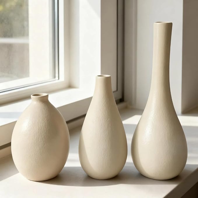 Ceramic Vase Set 3-Piece - Bohemian Farmhouse Style Decorative Vases for Pampas Grass,Beige Vases for Home Decor, Living Room, Kitchen, Bedroom, Entryway & Mantel
