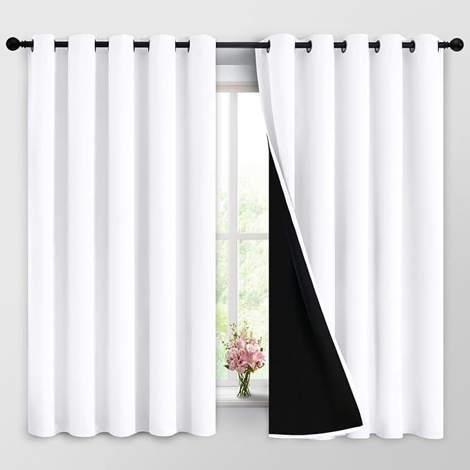 Yakamok 2 Thick Layers Pure White 100% Completely Blackout Curtains Thermal Insulated Room Darkening Drapes for Bedroom(62Wx63L, Pure White, One Pair)