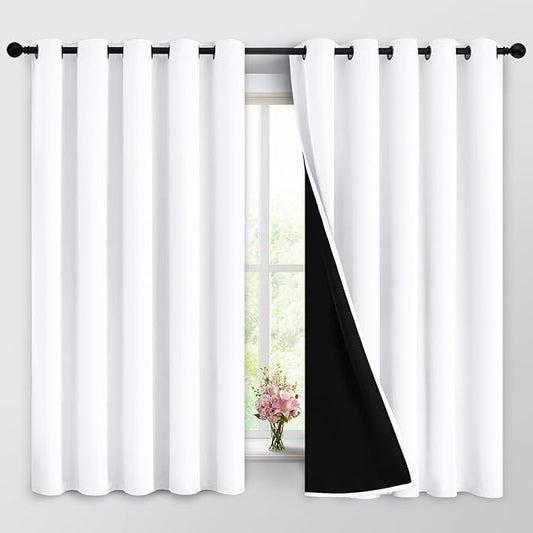 Yakamok 2 Thick Layers Pure White 100% Completely Blackout Curtains Thermal Insulated Room Darkening Drapes for Bedroom(62Wx63L, Pure White, One Pair)