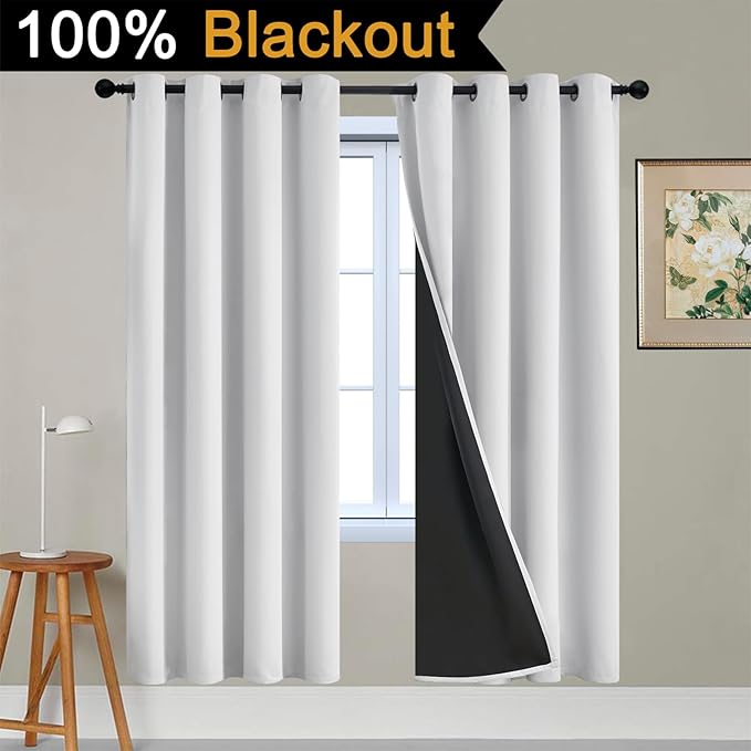 Yakamok 100% Blackout Curtains 72 Inches Long, 2 Thick Layers Heat and Full Light Blocking Soft Thermal Insulated Drapes for Bedroom(52" Wide Each Panel, Greyish White, 2 Panels)
